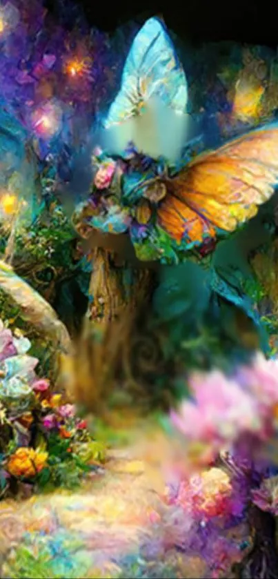 Enchanted fantasy wallpaper with butterfly and vibrant flowers.