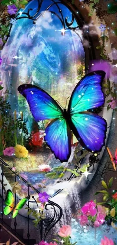 Colorful fantasy wallpaper with butterflies and mystical scenery.