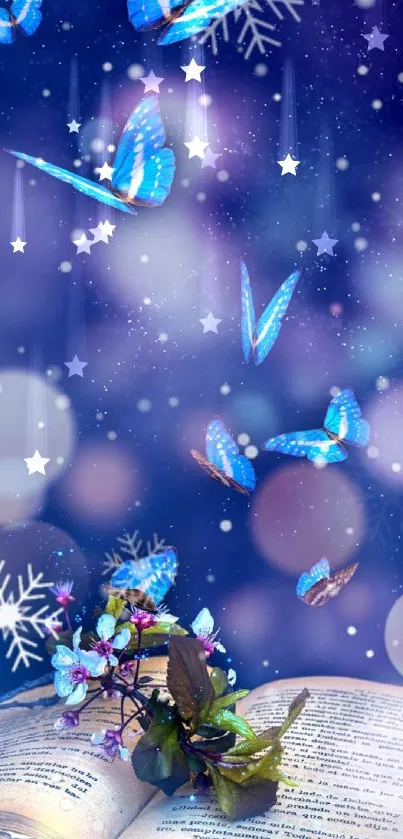 Enchanting wallpaper with blue butterflies and snowflakes over an open book.