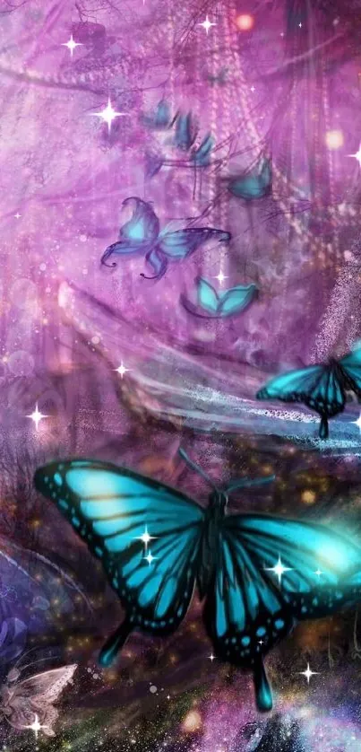 Enchanting wallpaper with blue butterflies on a mystical purple background.