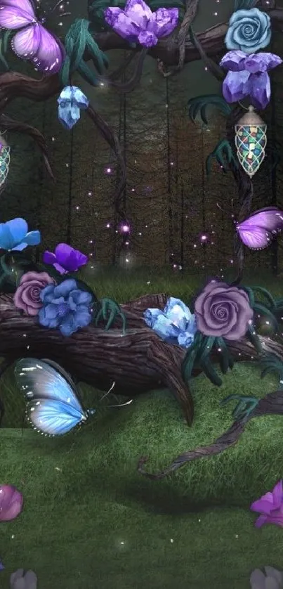 A fantasy wallpaper with glowing butterflies and purple flowers in a dark forest.