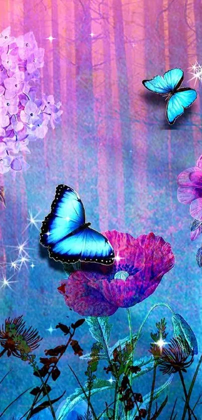 Enchanting butterfly and flower mobile wallpaper with a mystical forest background.