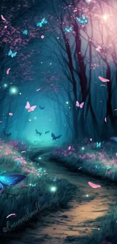 Enchanting night forest with glowing blue butterflies and a serene woodland path.