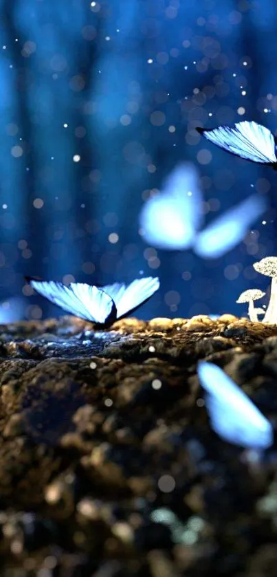 Enchanted forest with blue butterflies and mushrooms on a night sky background.