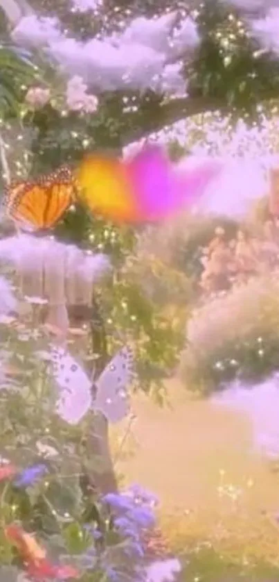 Enchanted garden with butterflies and clouds in a magical setting.