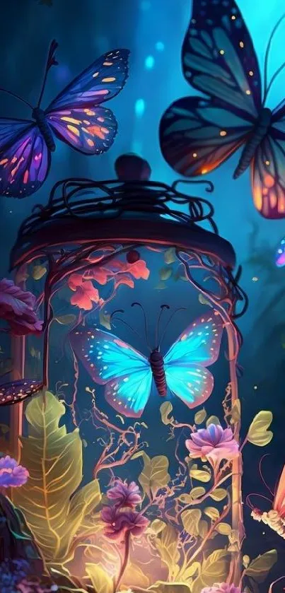 Colorful butterflies flutter around a glowing lantern in a magical forest scene.