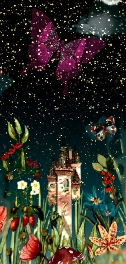 Magical garden with butterflies under a starry sky, perfect for mobile wallpaper.