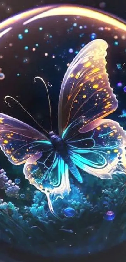 Enchanted butterfly in a glowing globe on a vibrant blue background.