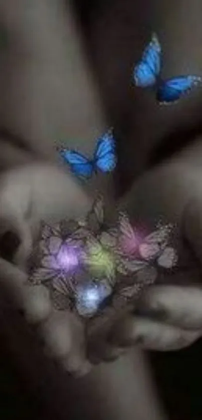 Hands with glowing butterflies and flowers in a dark background.