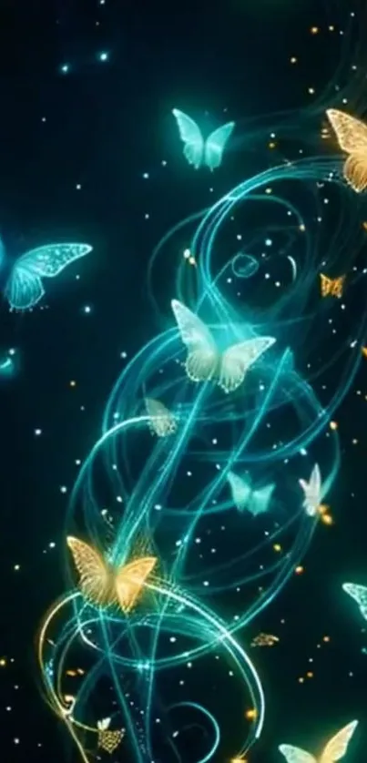 Glowing butterflies with swirling lights on a mystical background.