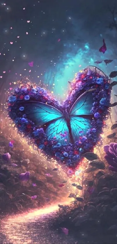 Heart-shaped butterfly in enchanted forest wallpaper.