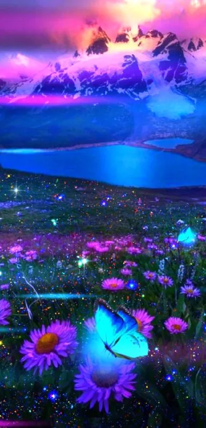 Vibrant blue butterflies over a purple, mountainous landscape.