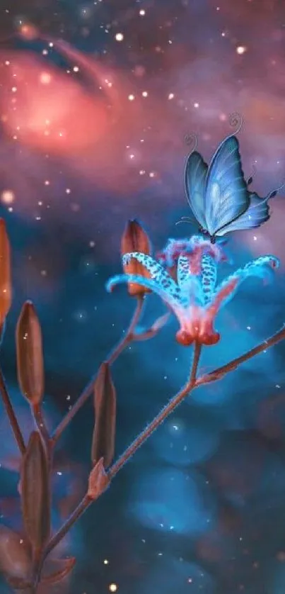 Blue butterfly on flower with glowing background, dreamy night scene.