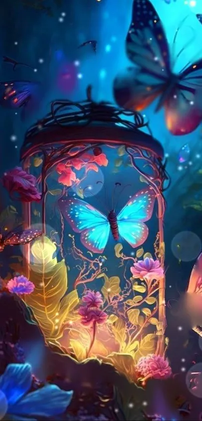 Magical night scene with glowing flowers and vibrant butterflies.