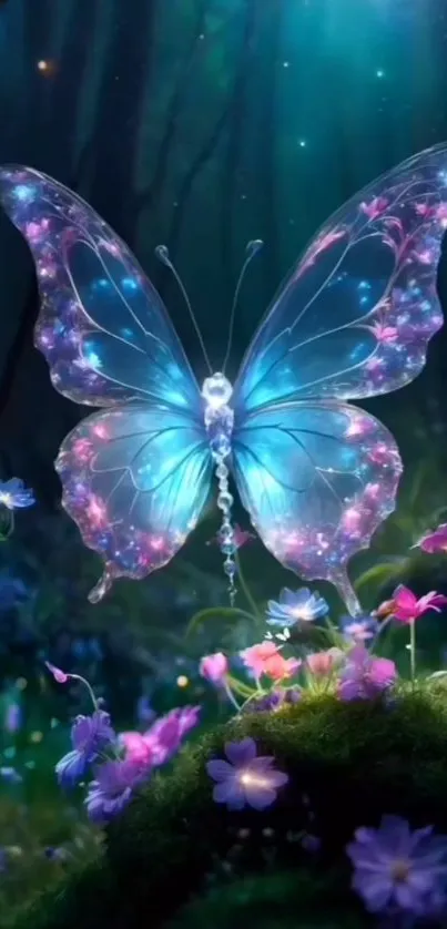 Ethereal glowing butterfly in enchanted forest with whimsical flowers.