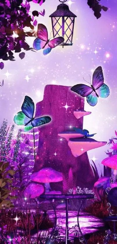 Purple forest with butterflies and lantern scene.