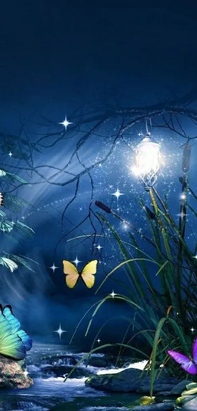 A mystical night scene with butterflies and shimmering lights.