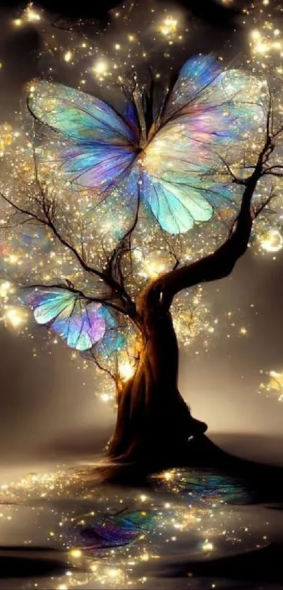 Enchanted butterfly tree with glowing effects.