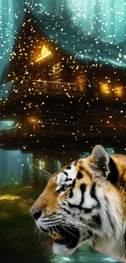 Mobile wallpaper of a tiger in front of an illuminated forest cabin.