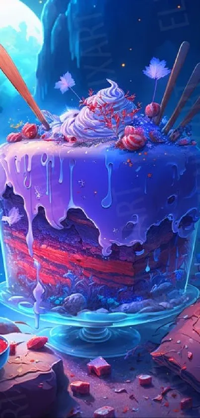 Fantasy cake in moonlit forest art wallpaper.