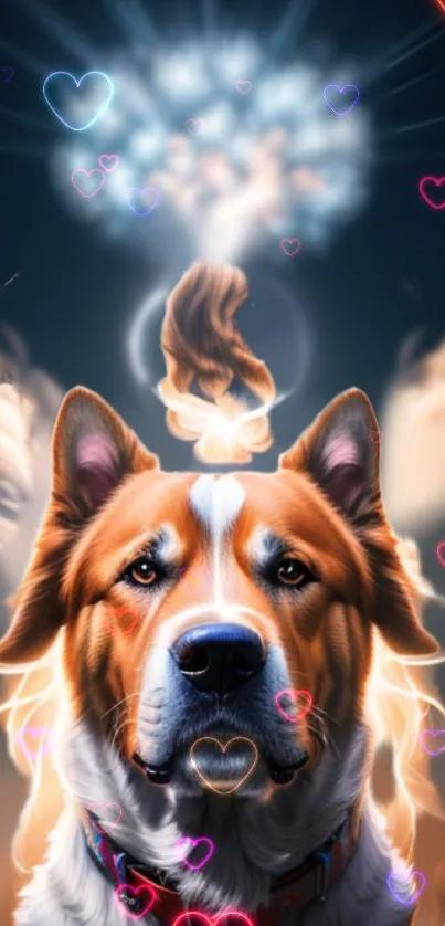 Charming dog with glowing hearts, fantasy art design.