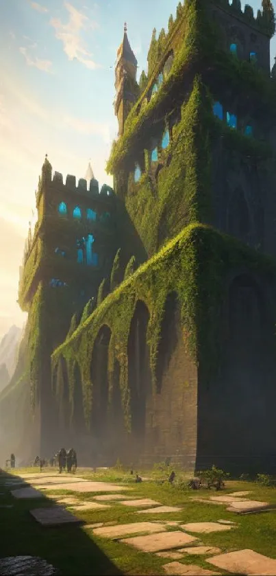 Enchanting fantasy castle with glowing windows and lush green vines.