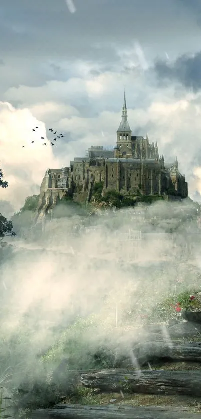 Fantasy castle amidst clouds and mist with lush greenery.