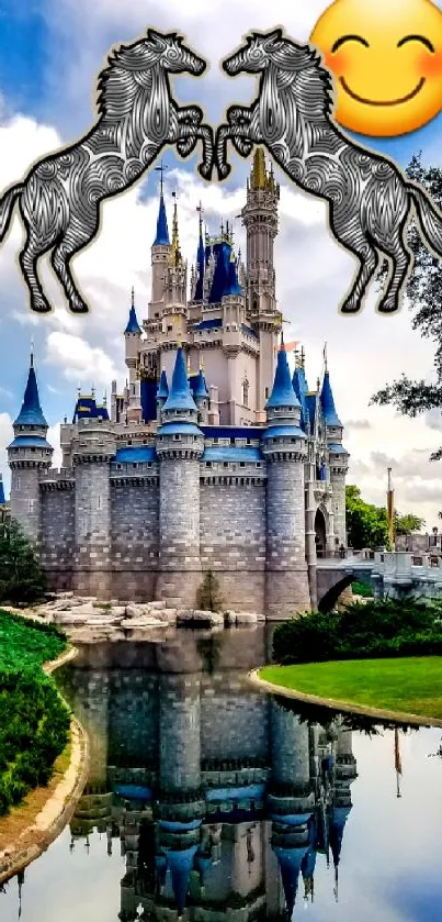 Mobile wallpaper with castle, horses, and serene reflection.