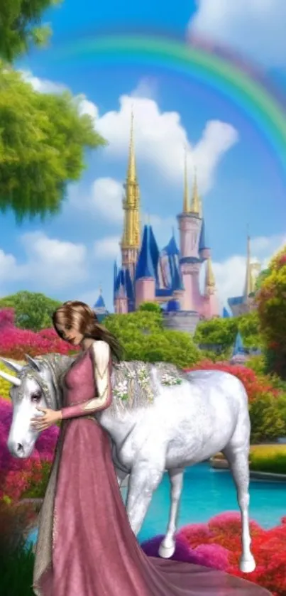 Fantasy castle and unicorn with rainbow and colorful garden.