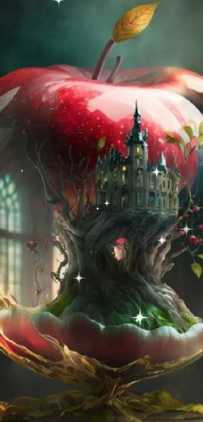 Enchanted castle encased in a transparent apple with misty background.