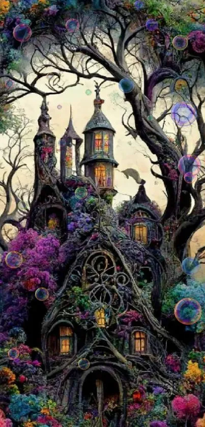 Enchanted castle with colorful floral art on a mobile wallpaper.