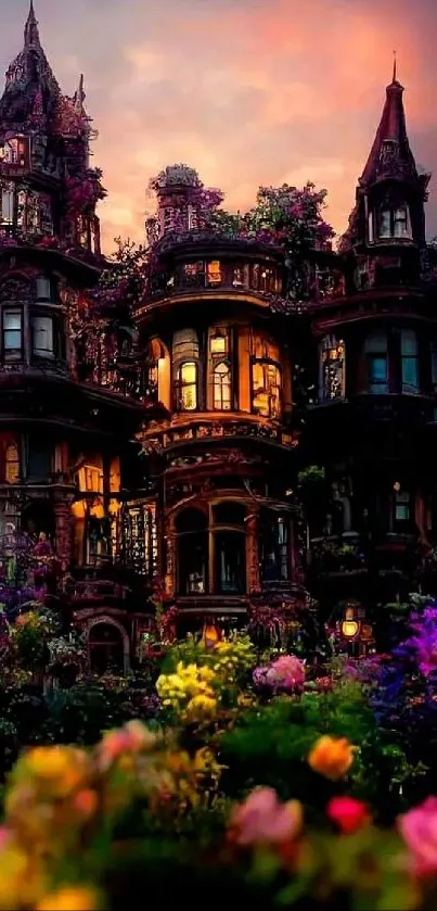 Enchanted castle surrounded by vibrant flowers at dusk, glowing softly.