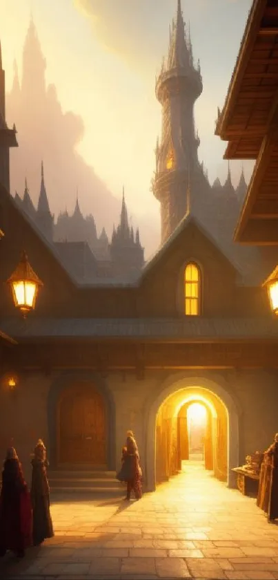 Majestic castle at dusk with warm golden hues and shadowy towers.