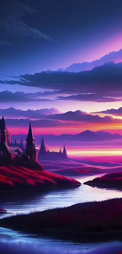 Vibrant sunset over an enchanted castle with a serene landscape.