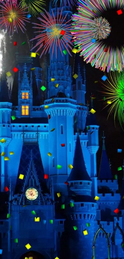 Blue-lit castle with fireworks in night sky.