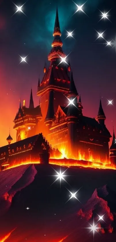 A captivating enchanted castle glowing vividly against a fiery sunset.