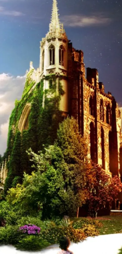 Majestic castle surrounded by lush greenery and vivid flowers at sunset.