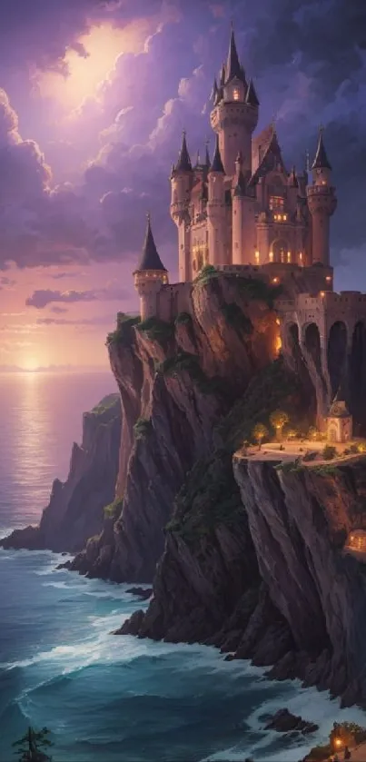 Mystical castle on a cliffside under moonlit sky.