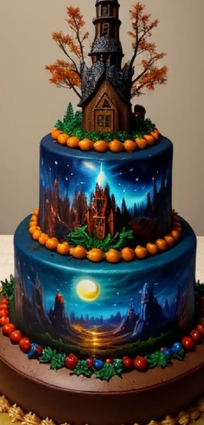 Three-tier cake with castle design under a night sky in blue tones.