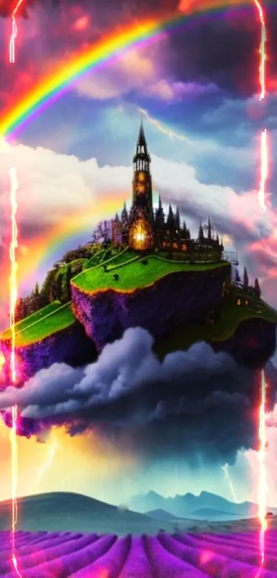 Enchanted castle floating on cloud with rainbow sky.