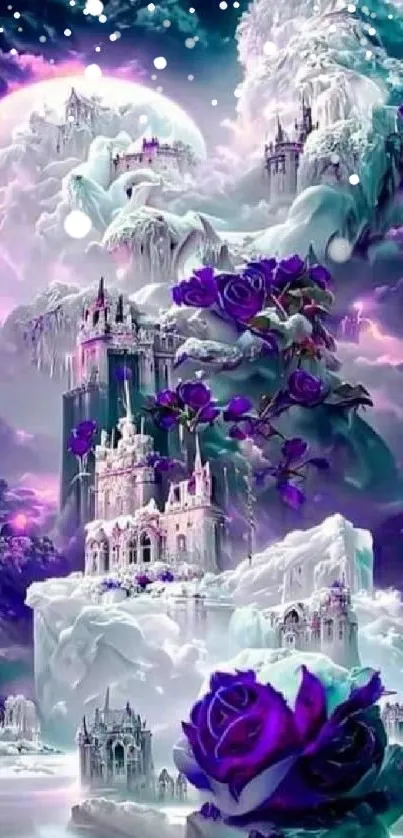 Enchanted castle with purple roses and a mystical sky.