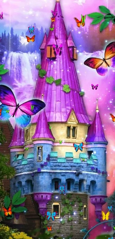 Enchanting castle with butterflies in a colorful fantasy setting.