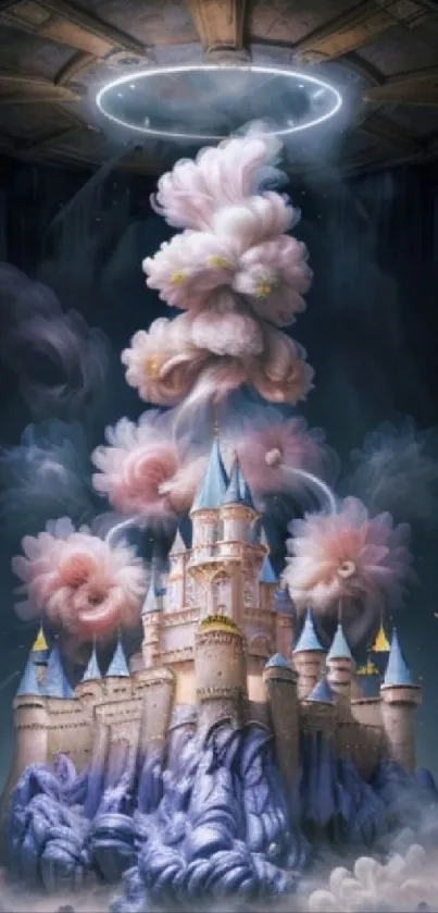 Fantasy castle with ethereal clouds in magical artwork.