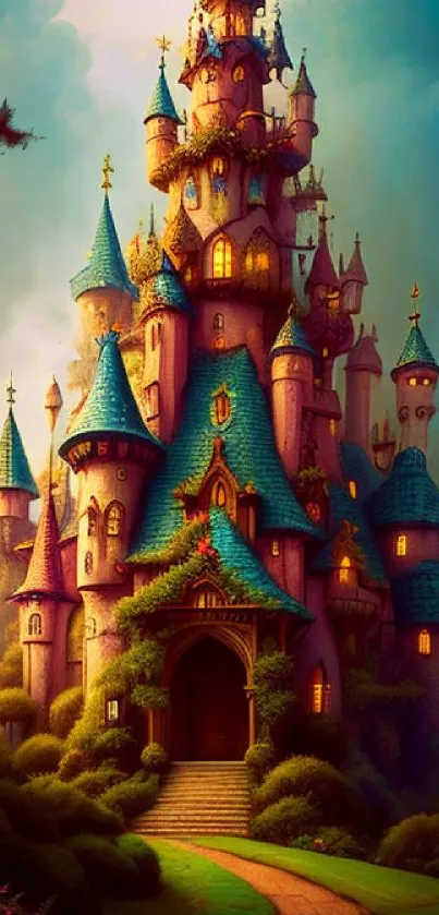 Enchanting castle with teal rooftops amidst a magical landscape.