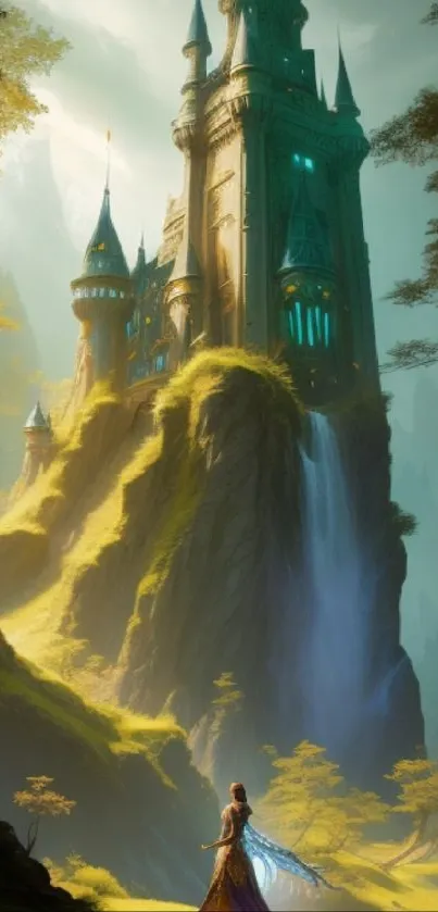 Fantasy castle art with lush green landscape and magical ambiance.