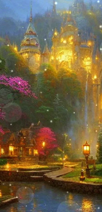 Enchanted castle surrounded by nature and vibrant lighting.