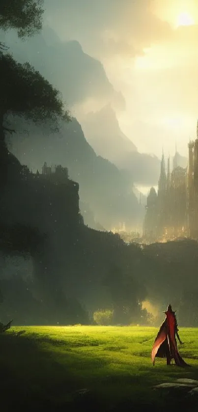 Fantasy castle at sunrise with a lone figure on a green field.