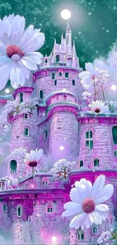 Whimsical castle with flowers in a fantasy landscape.