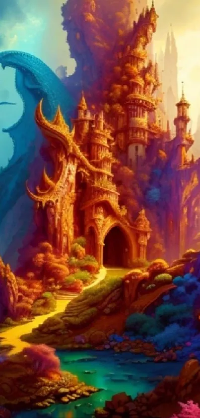 Enchanted castle with dragon in colorful fantasy landscape wallpaper.