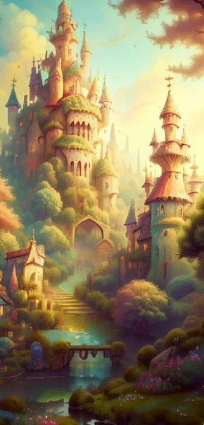 Enchanted castle amidst vibrant colors in a fantasy landscape for mobile screens.